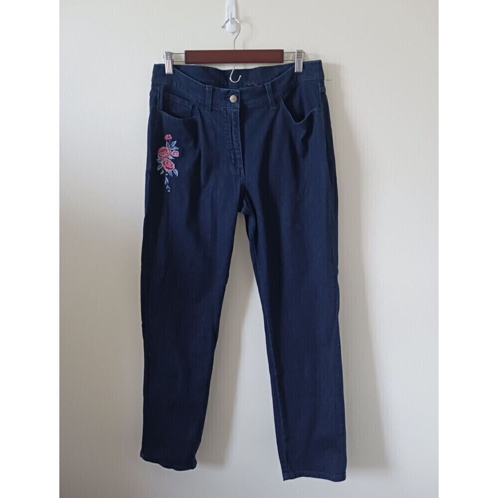 Womens Denim Jeans Floral Embroidered Straight Leg Stretch Blue‎ Size 12